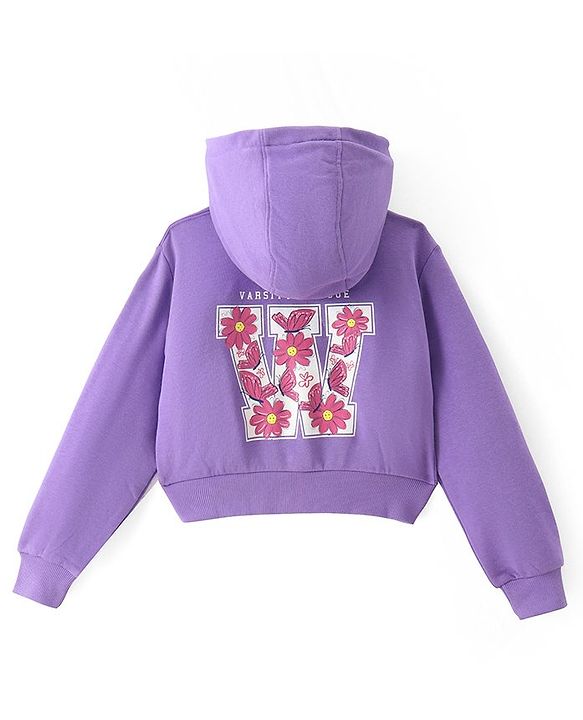 Pine Kids Cotton Knit Full Sleeves Front Open Hooded Sweatjacket with Front Back Floral & Text Print Print - Purple