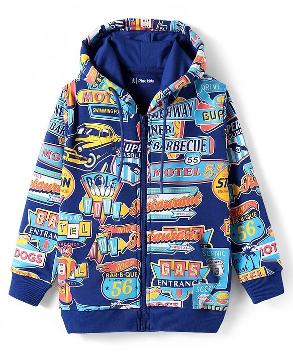 Pine Kids Cotton Knit Full Drop Shoulder Sleeves Text Printed Hooded Sweatjacket & Kangaroo Pocket - Navy Blue
