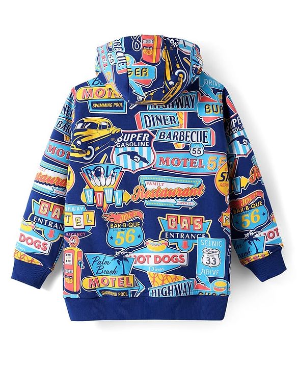 Pine Kids Cotton Knit Full Drop Shoulder Sleeves Text Printed Hooded Sweatjacket & Kangaroo Pocket - Navy Blue