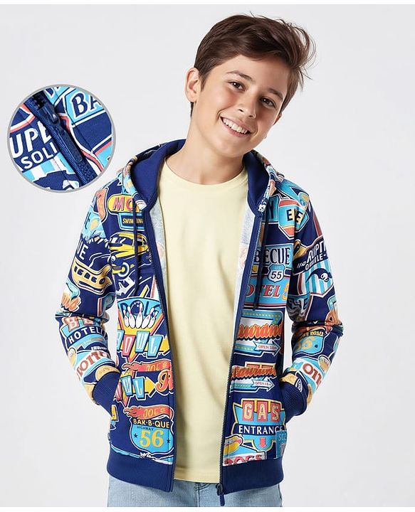 Pine Kids Cotton Knit Full Drop Shoulder Sleeves Text Printed Hooded Sweatjacket & Kangaroo Pocket - Navy Blue