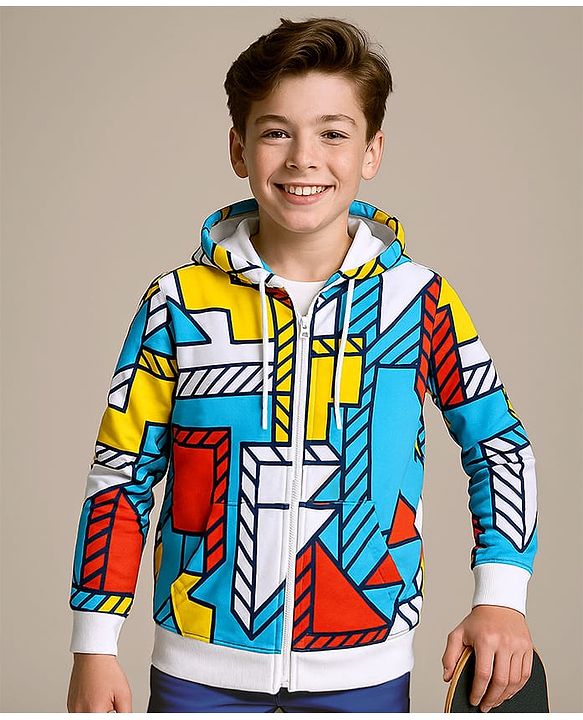 Pine Kids Cotton Knit Full Sleeves Hooded Sweatjacket with Print - White