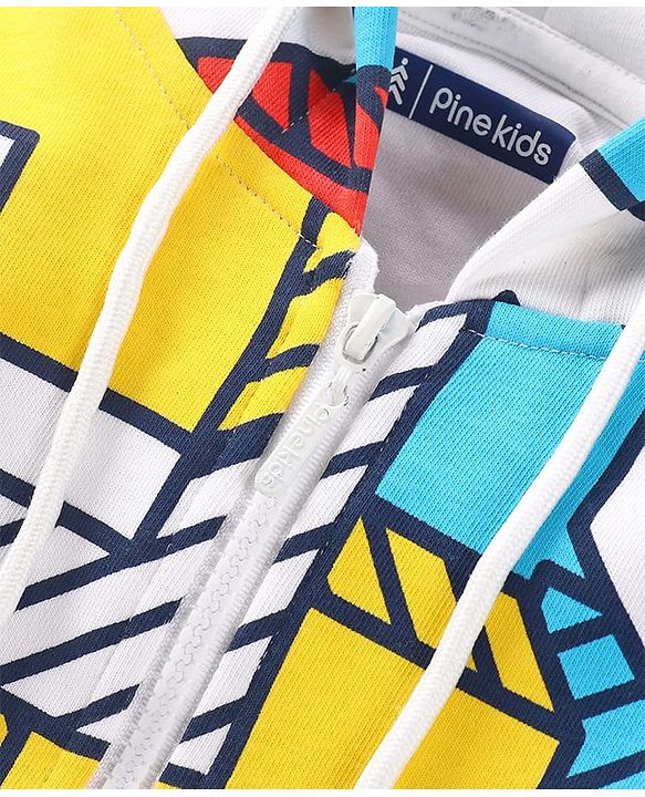 Pine Kids Cotton Knit Full Sleeves Hooded Sweatjacket with Print - White
