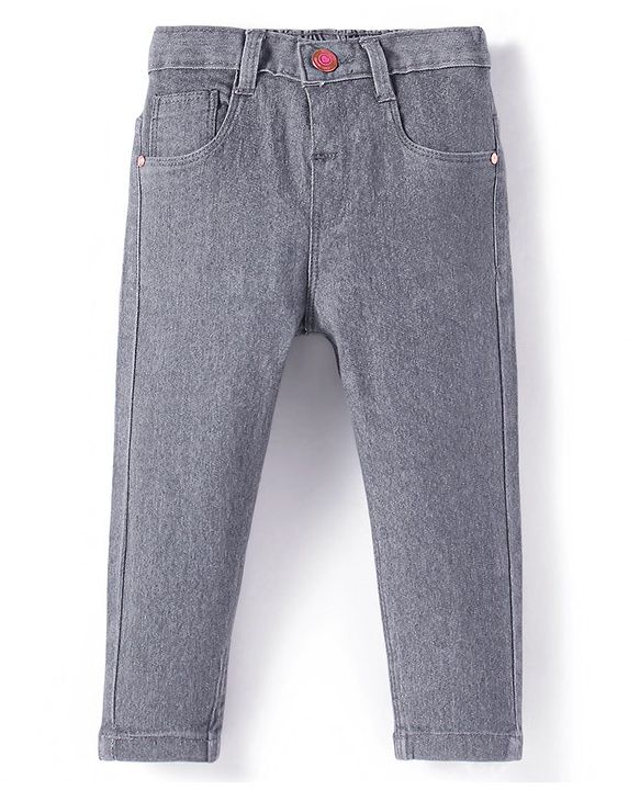 Babyhug Denim Full Length Washed Jeans with Stretch Solid Colour - Grey