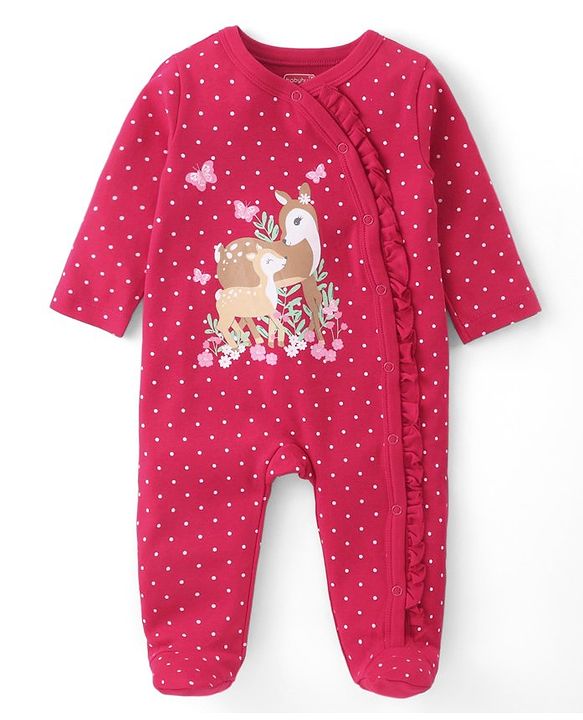 Babyhug Cotton Knit Full Sleeves Sleep Suit With Polka Dots & Deer Print - Dark Pink