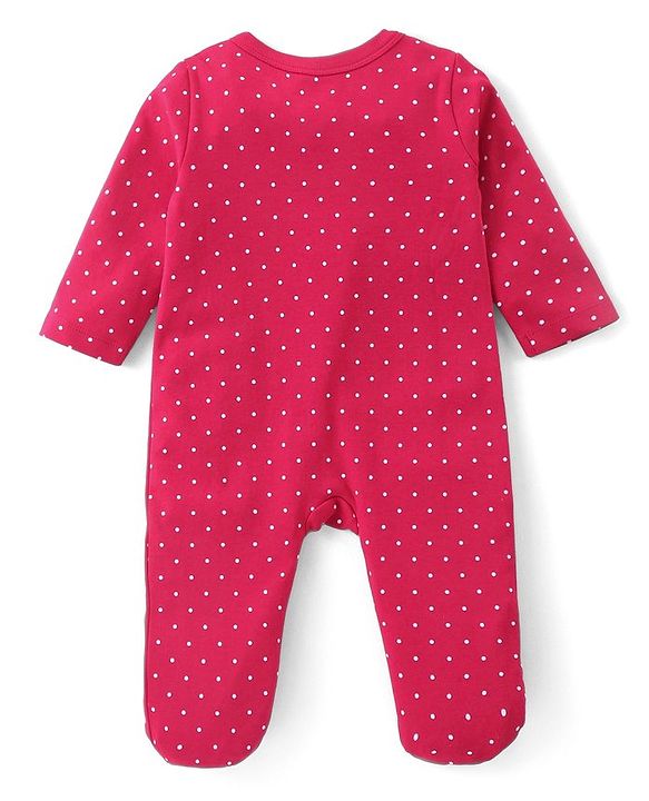Babyhug Cotton Knit Full Sleeves Sleep Suit With Polka Dots & Deer Print - Dark Pink