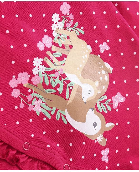 Babyhug Cotton Knit Full Sleeves Sleep Suit With Polka Dots & Deer Print - Dark Pink
