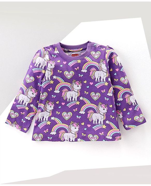 Babyhug Cotton Knit Full Sleeves Night Suit With Unicorn Print - Purple