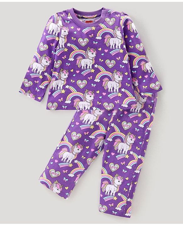Babyhug Cotton Knit Full Sleeves Night Suit With Unicorn Print - Purple