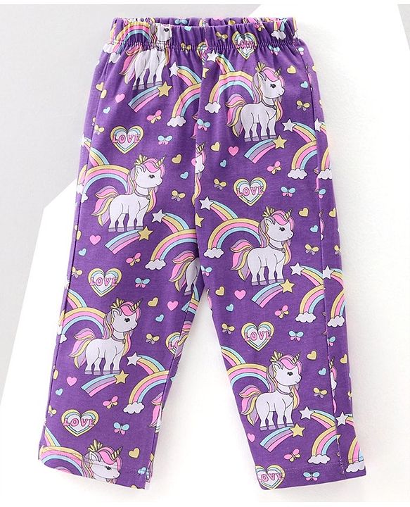 Babyhug Cotton Knit Full Sleeves Night Suit With Unicorn Print - Purple