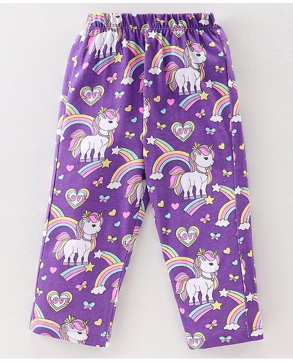 Babyhug Cotton Knit Full Sleeves Night Suit With Unicorn Print - Purple