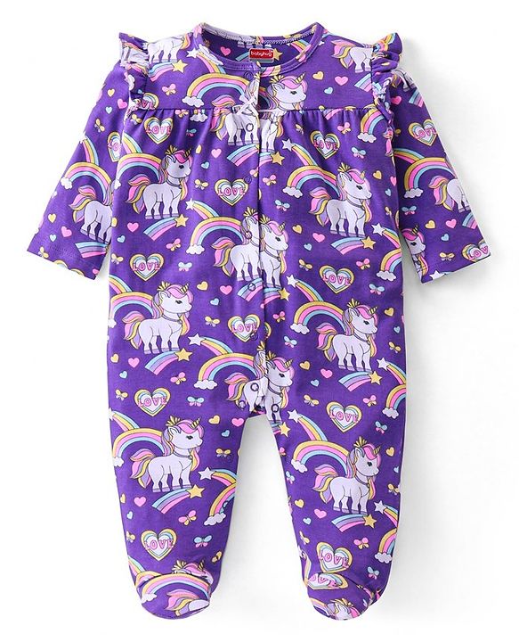 Babyhug Cotton Knit Full Sleeves Sleepsuit Unicorn Print - Purple
