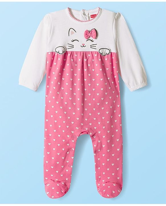 Babyhug Cotton Knit Full Sleeves Sleep Suit With Kitty & Heart Print & Bow Applique - Pink