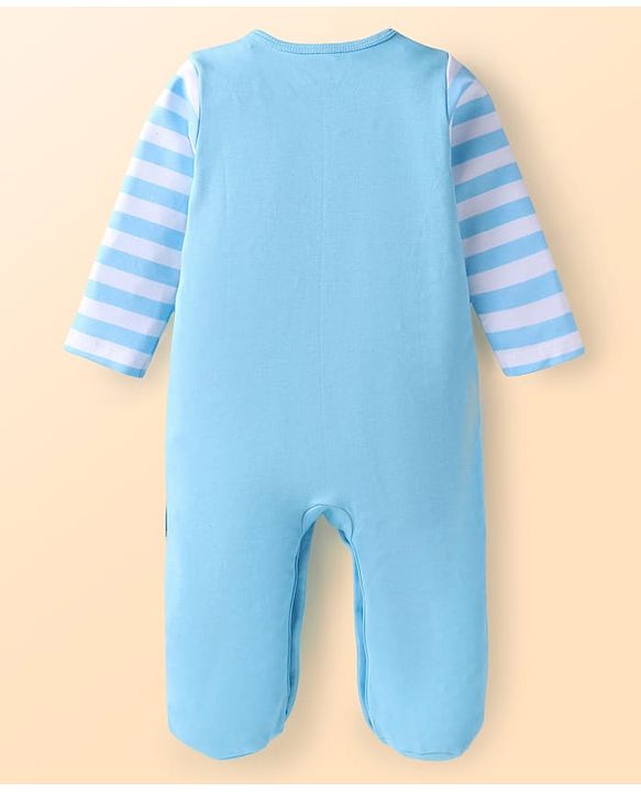 Babyhug Cotton Knit Full Sleeves Footed Sleep Suit With Animal Print- Light Blue