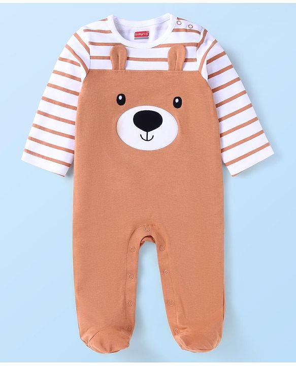 Babyhug Cotton Knit Full Sleeves Striped Sleep Suit With Teddy Bear Print & Ear Applique - Light Brown
