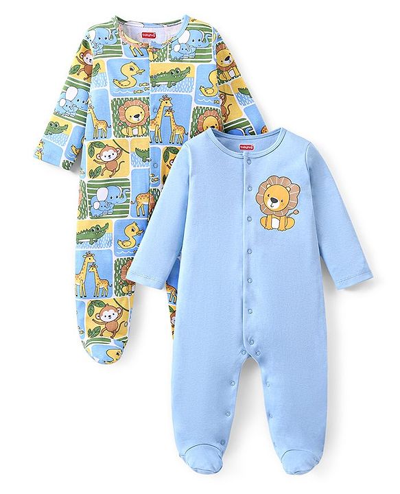 Babyhug Cotton Knit Full Sleeves Footed Sleep Suits with Animal Print Pack of 2 - Blue