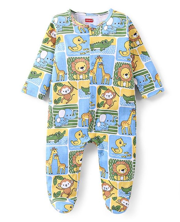 Babyhug Cotton Knit Full Sleeves Footed Sleep Suits with Animal Print Pack of 2 - Blue