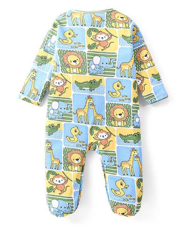 Babyhug Cotton Knit Full Sleeves Footed Sleep Suits with Animal Print Pack of 2 - Blue