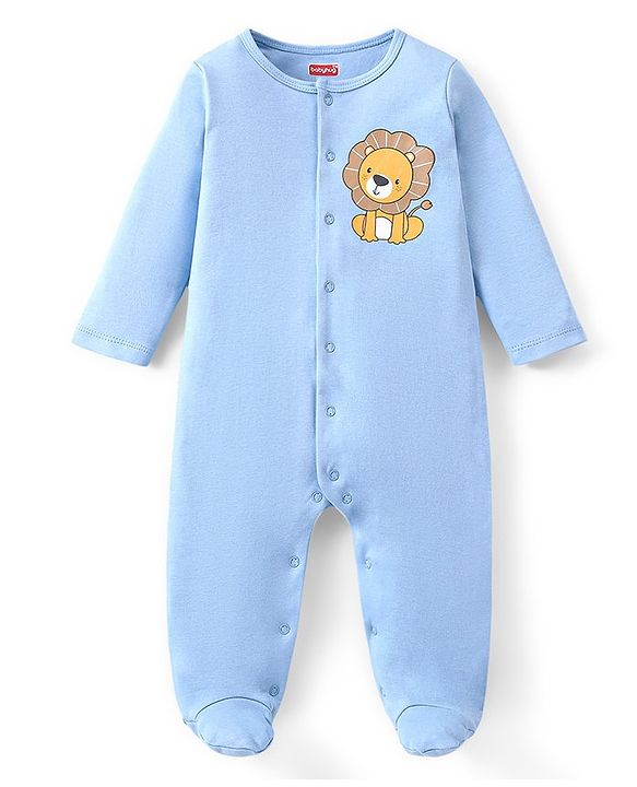 Babyhug Cotton Knit Full Sleeves Footed Sleep Suits with Animal Print Pack of 2 - Blue
