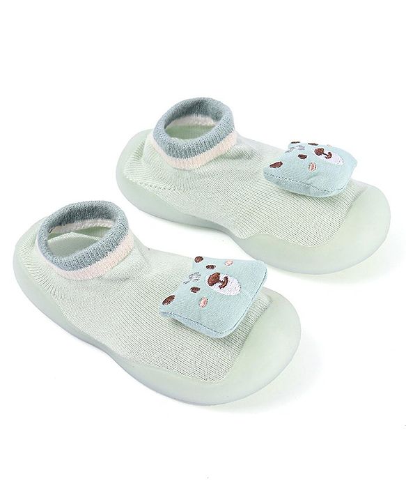 Cute Walk by Babyhug Slip On Sock shoes With Bear Applique - Green