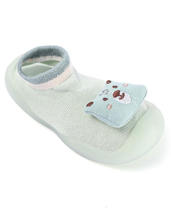 Cute Walk by Babyhug Slip On Sock shoes With Bear Applique - Green