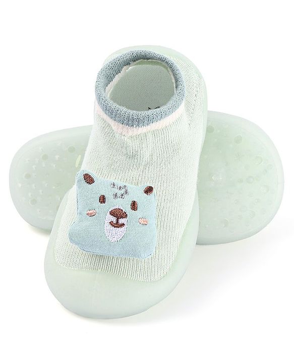 Cute Walk by Babyhug Slip On Sock shoes With Bear Applique - Green