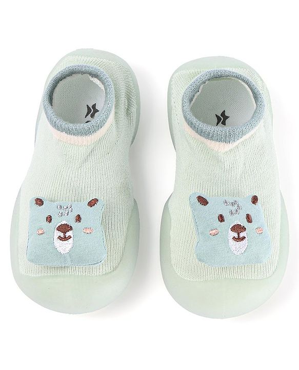 Cute Walk by Babyhug Slip On Sock shoes With Bear Applique - Green