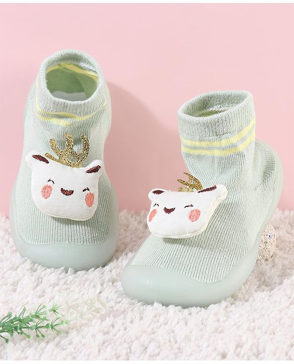 Cute Walk by Babyhug Teddy Applique Slip On Sock Shoes - Green