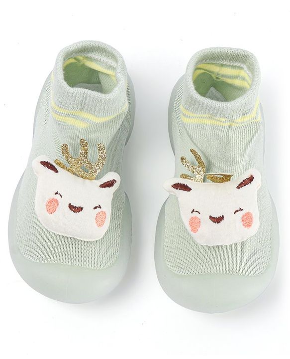 Cute Walk by Babyhug Teddy Applique Slip On Sock Shoes - Green