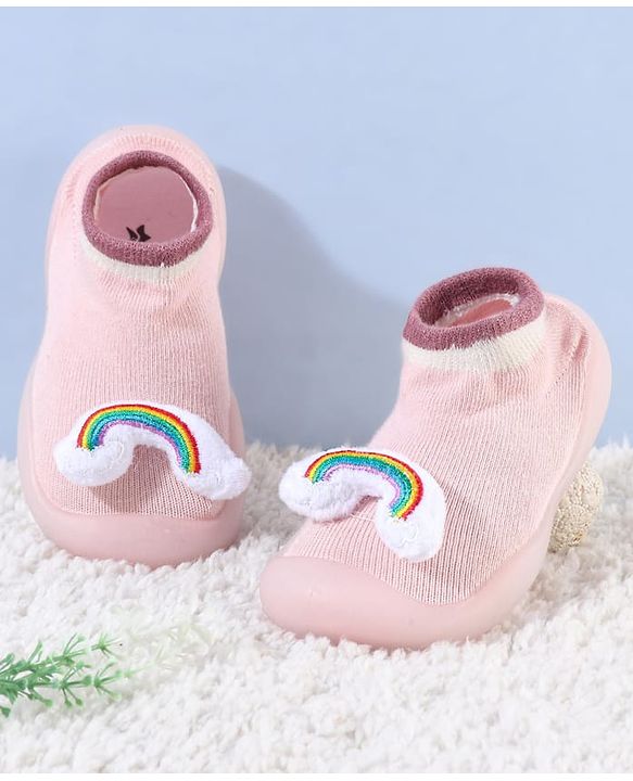 Cute Walk by Babyhug Rainbow Applique Slip On Sock Shoes- Pink
