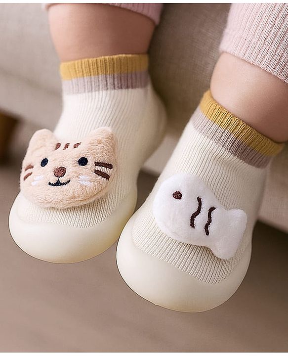 Cute Walk by Babyhug Cat & Fish Applique Slip On Sock Shoes- Beige