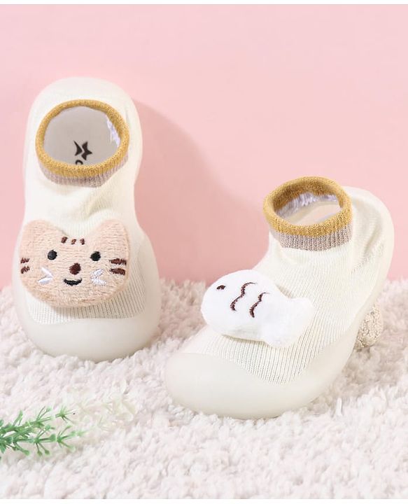 Cute Walk by Babyhug Cat & Fish Applique Slip On Sock Shoes- Beige