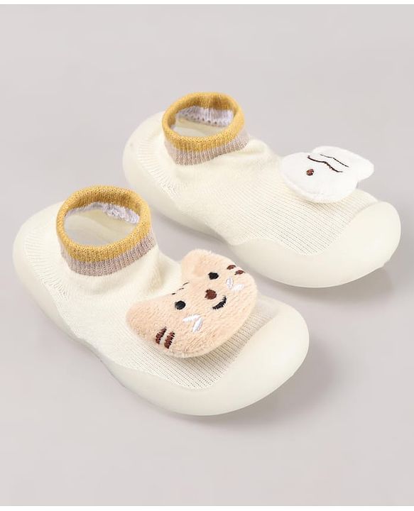Cute Walk by Babyhug Cat & Fish Applique Slip On Sock Shoes- Beige