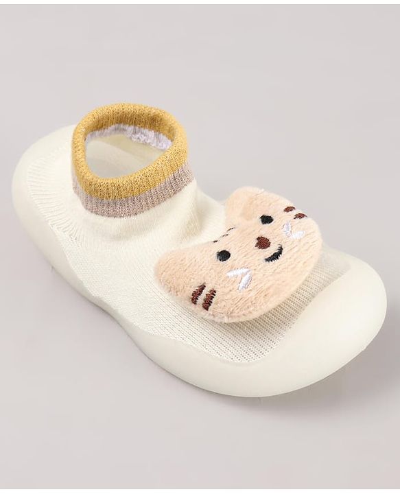 Cute Walk by Babyhug Cat & Fish Applique Slip On Sock Shoes- Beige