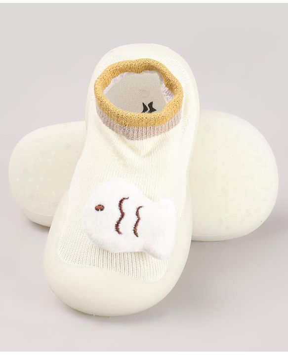 Cute Walk by Babyhug Cat & Fish Applique Slip On Sock Shoes- Beige
