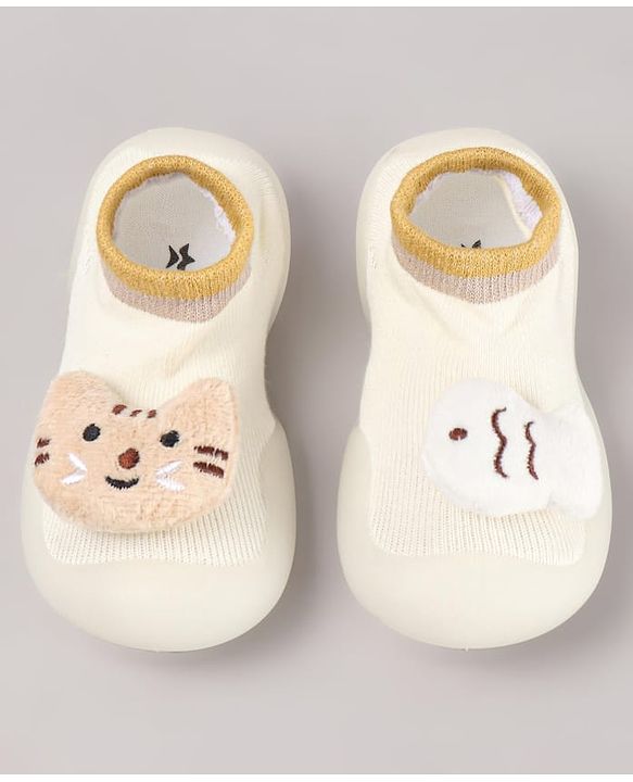 Cute Walk by Babyhug Cat & Fish Applique Slip On Sock Shoes- Beige