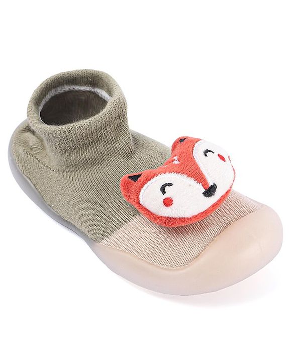 Cute Walk by Babyhug Fox Applique Slip On Sock Shoes - Dark Green