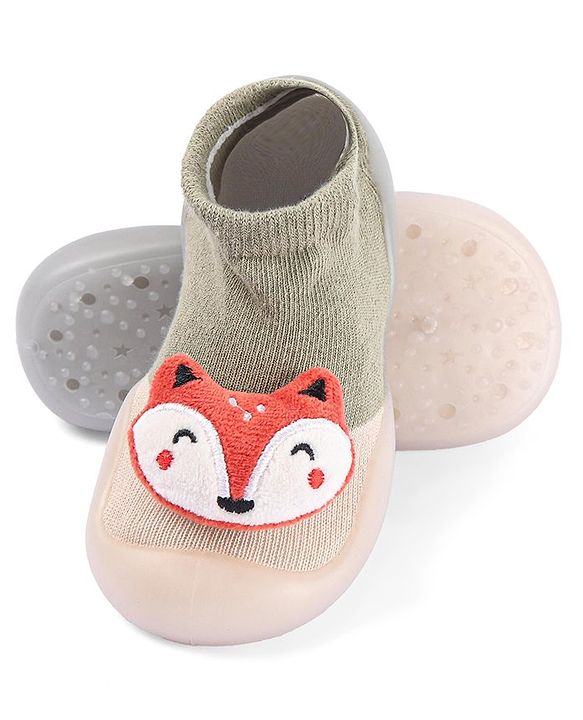 Cute Walk by Babyhug Fox Applique Slip On Sock Shoes - Dark Green