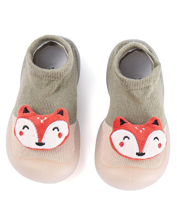 Cute Walk by Babyhug Fox Applique Slip On Sock Shoes - Dark Green