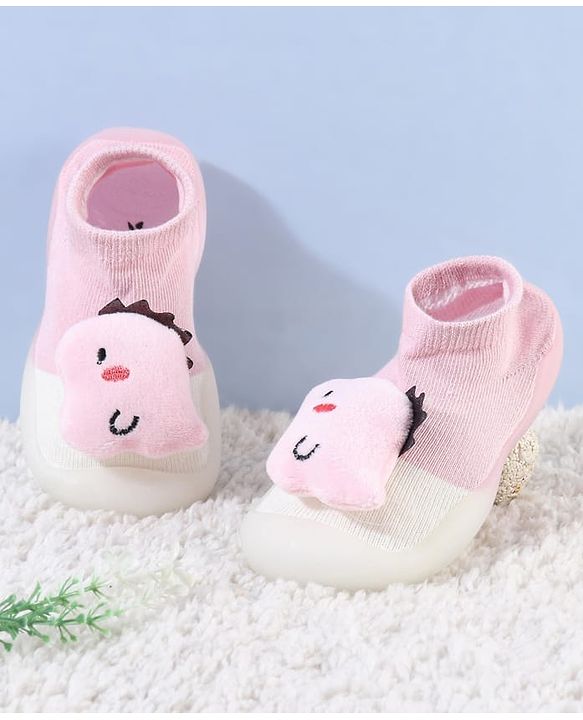 Cute Walk by Babyhug Dino Applique Slip On Sock Shoes - Pink
