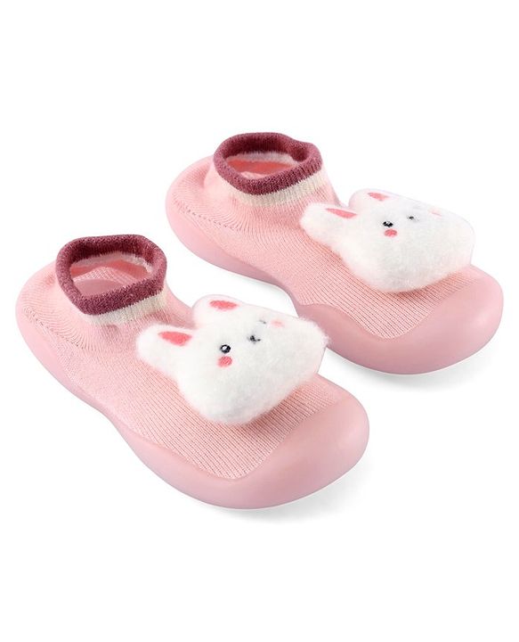 Cute Walk by Babyhug Slip On Socks Shoes with Bunny Applique - Pink