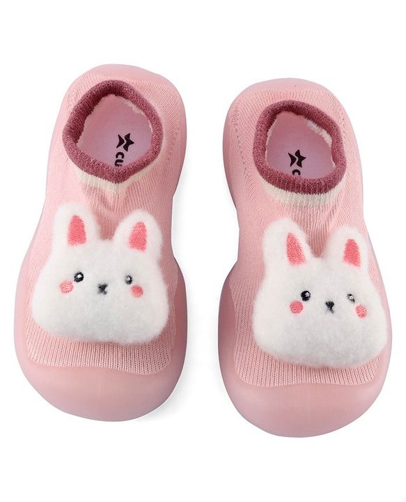 Cute Walk by Babyhug Slip On Socks Shoes with Bunny Applique - Pink