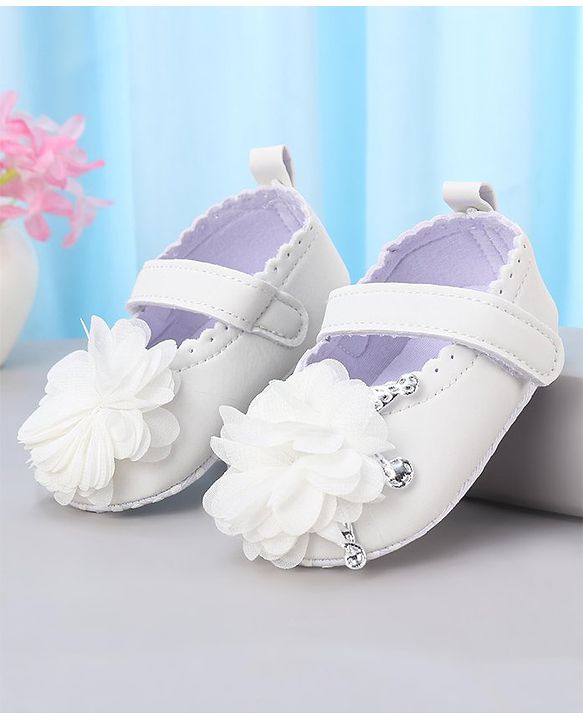 Cute Walk by Babyhug Slip On Booties with Floral Corsage & Velcro Closure - White