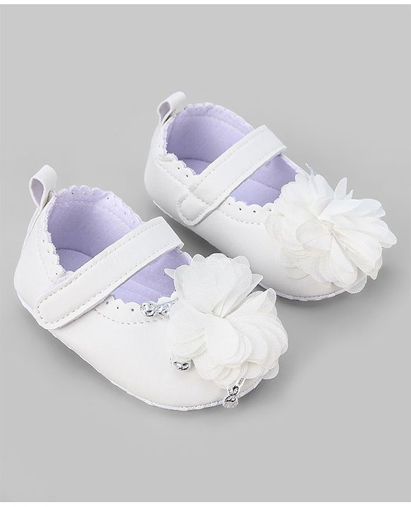 Cute Walk by Babyhug Slip On Booties with Floral Corsage & Velcro Closure - White