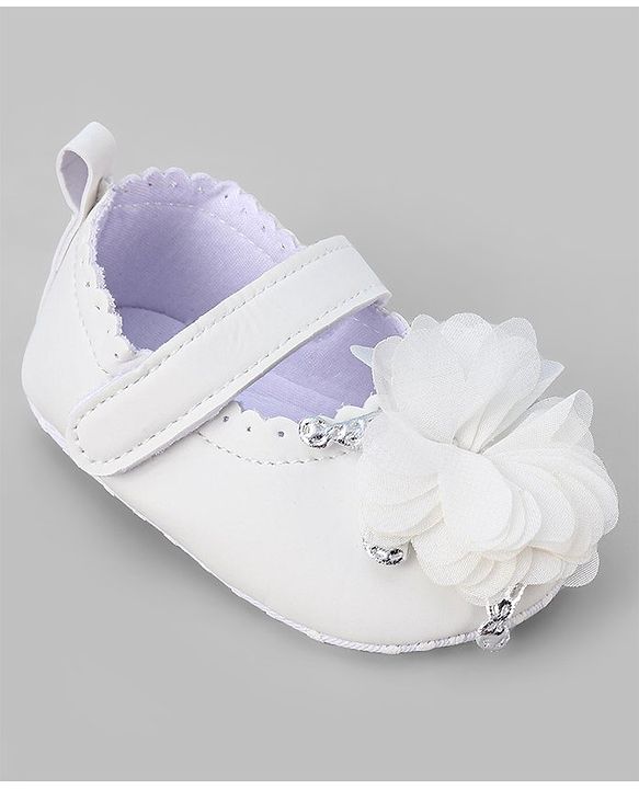 Cute Walk by Babyhug Slip On Booties with Floral Corsage & Velcro Closure - White