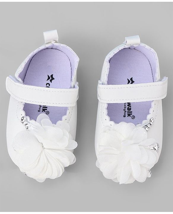 Cute Walk by Babyhug Slip On Booties with Floral Corsage & Velcro Closure - White