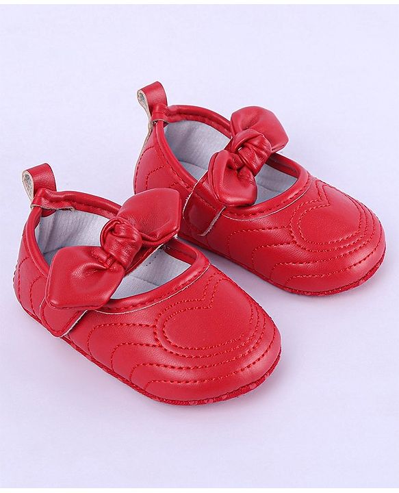 Cute Walk by Babyhug Heart Detailing with Bow Applique Velcro Closure Ballerina Booties - Red
