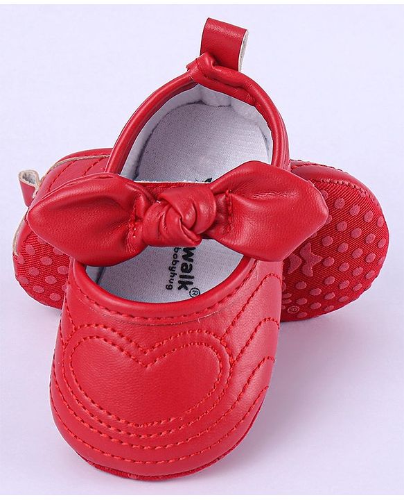 Cute Walk by Babyhug Heart Detailing with Bow Applique Velcro Closure Ballerina Booties - Red