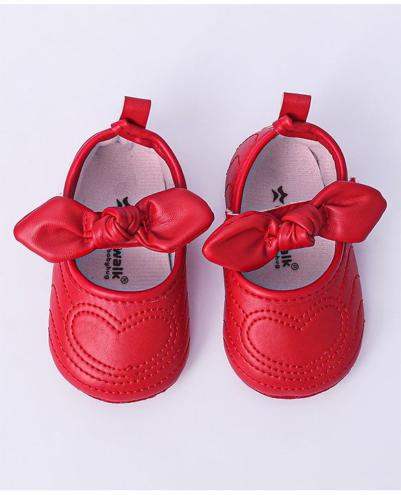 Cute Walk by Babyhug Heart Detailing with Bow Applique Velcro Closure Ballerina Booties - Red