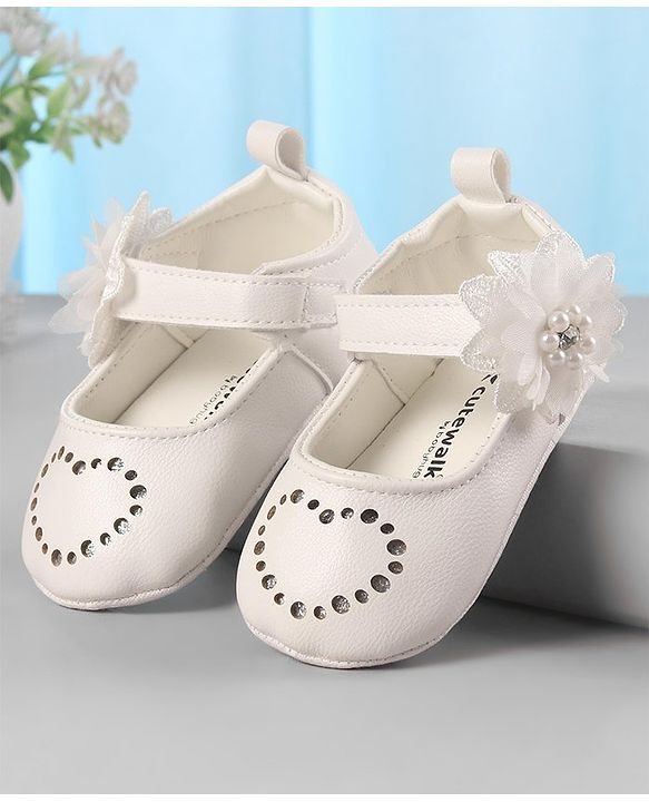 Cute Walk by Babyhug Velcro Closure Floral & Pearl Detailing Ballerina Booties - White