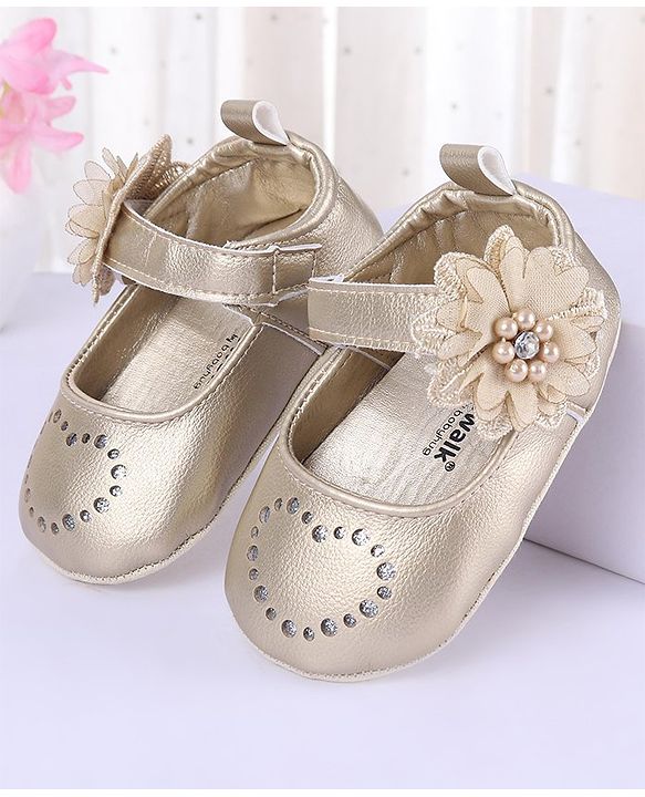 Cute Walk by Babyhug Velcro Closure Floral & Pearl Detailing Ballerina Booties - Gold